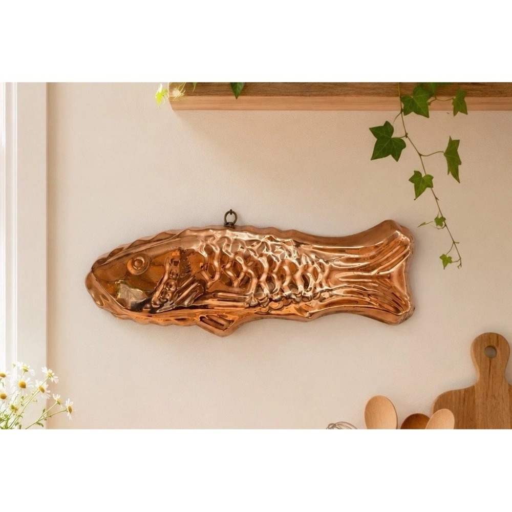 Vintage 13" Solid Copper Tin‑Lined Fish Mold Portugal 1978 Kitchen Wall Décor